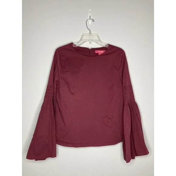 Catherine Malandrino Top Women Medium Smocked Flare Bell Sleeves Burgundy Blouse - Picture 4 of 7